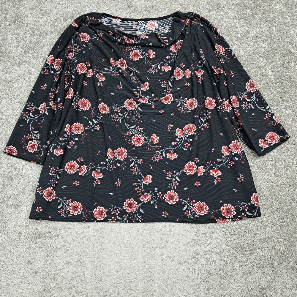 Croft & Barrow Womens 1X Top Black Red Floral Cowl Neck 3/4 Sleeve Plus Size
